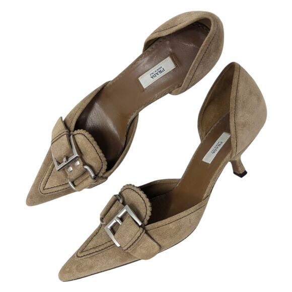 Vintage Prada d'orsay kitten heel buckle pumps logo buckle suede tan beige Y2K - Picture 1 of 13